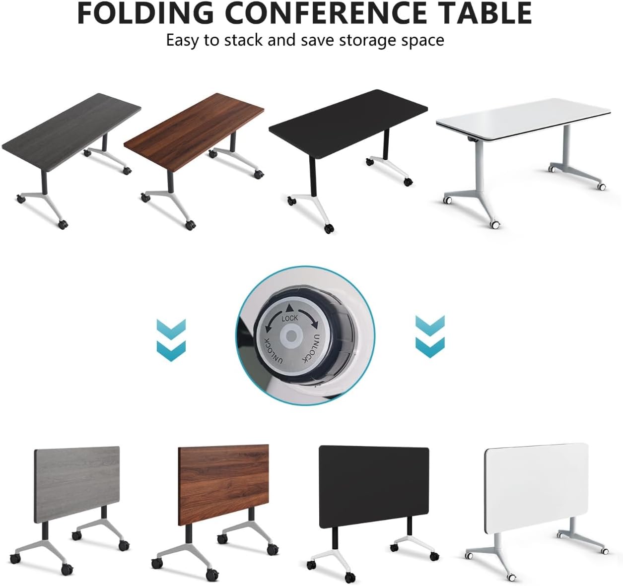 Conference Room Table, Folding Conference Tables,Thicken Grey Tabletop,Flip Top Wooden Seminar Meeting Room Table for Conference Room Offices (8, Black, 55.1”)