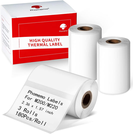 Phomemo M220 Labels,3 Rolls Self-Adhesive Stickers, 2.36'' x 1.57'' Compatible with Phomemo M220/M250/M260/M221/M200 Label Maker, for Office,Warehouse,Address,Mailing,Price Tag,180Pcs /Roll