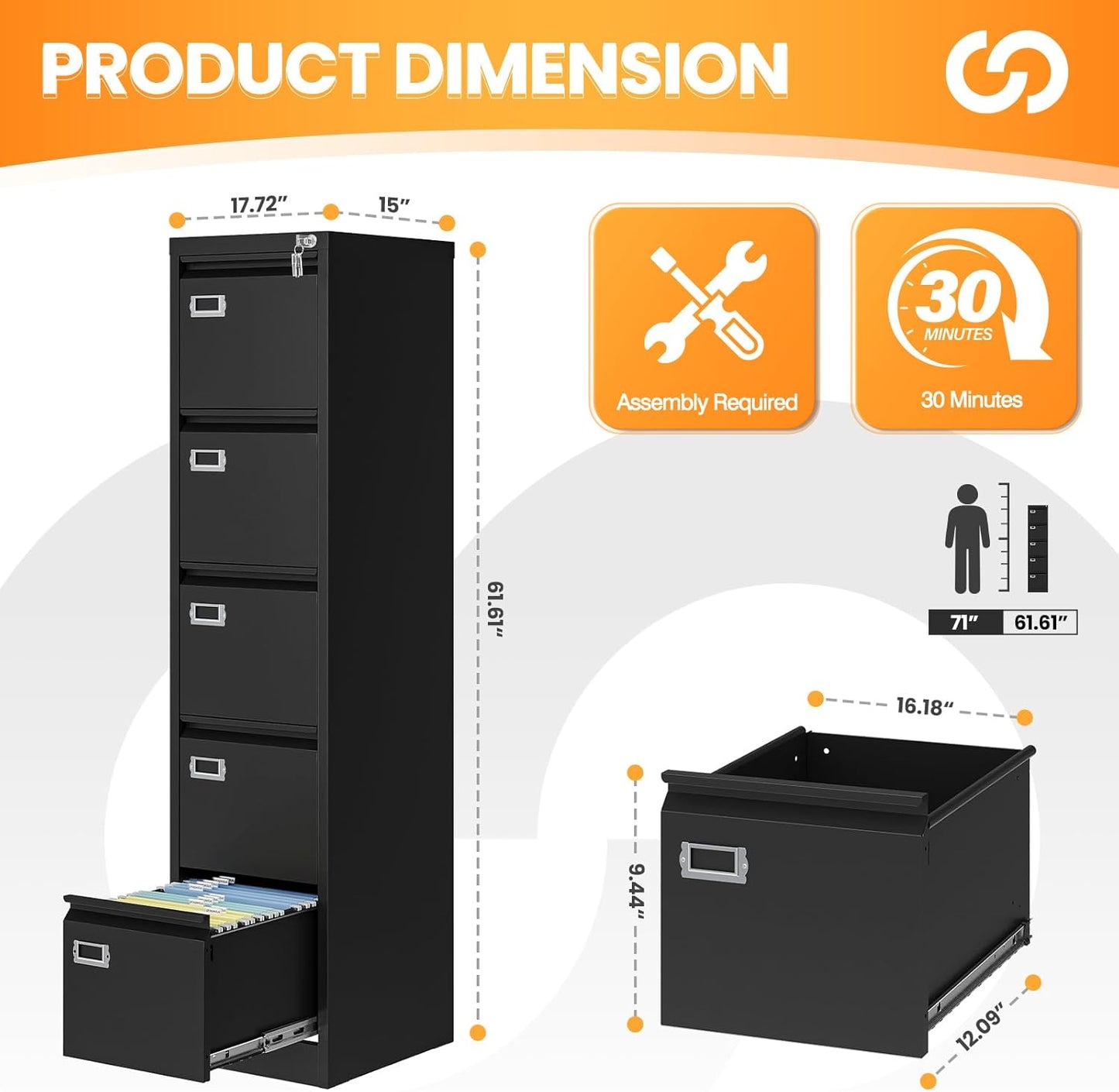 5 Drawer File Cabinet with Lock, Metal Filing Cabinets for Home Office, Vertical Black Locking File Caninet, Steel Narrow Five Drawer File Cabnet for Letter/Legal / A4 / B4- Assembly Required