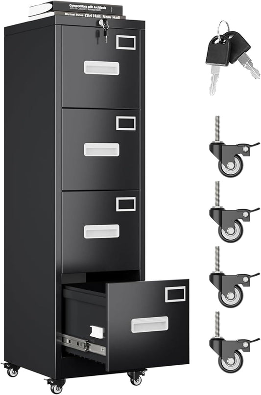 Aobabo 4 Drawer File Cabinet with Wheels, Lockable Metal Filing Cabinet with Name Card for Office and Home,Assembly Required,Black