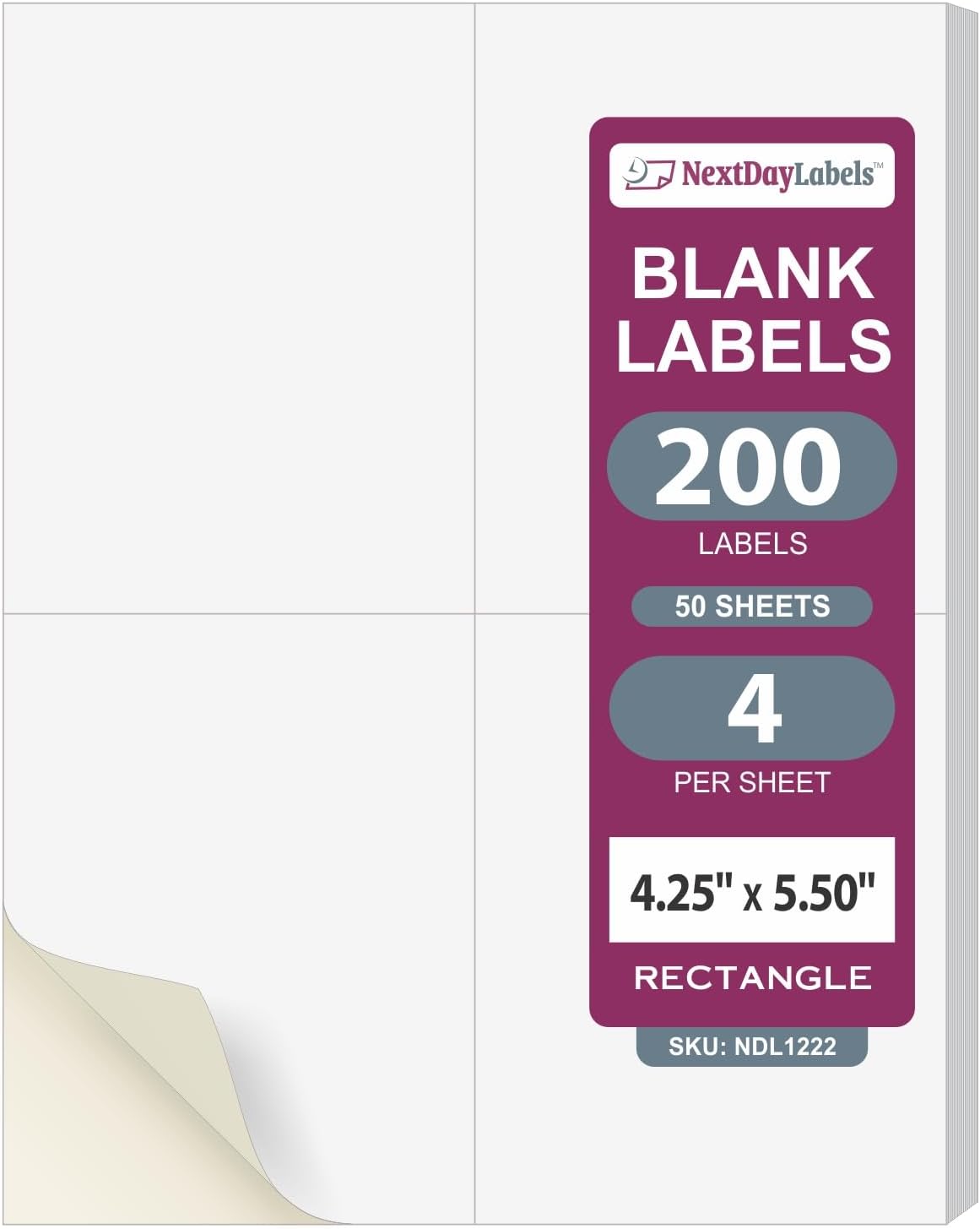 NextDayLabels – 4-1/4" x 5-1/2" Rectangular Sticker Labels for Printer - White Laser/Inkjet Printer Labels Return Address Labels Shipping Label Stickers (50 Sheets, 4 Per Sheet, 200 Labels)