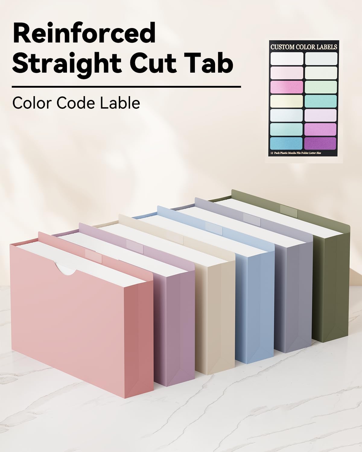 ANSOOK Plastic File Jackets,3" Legal Size Manilla Folders,12 Pack Expanding File Folder,Heavy Duty Expansion Pocket,File Cabinet Folders,Straight Cut Tab,Morandi Color Manila Folder for Home Office