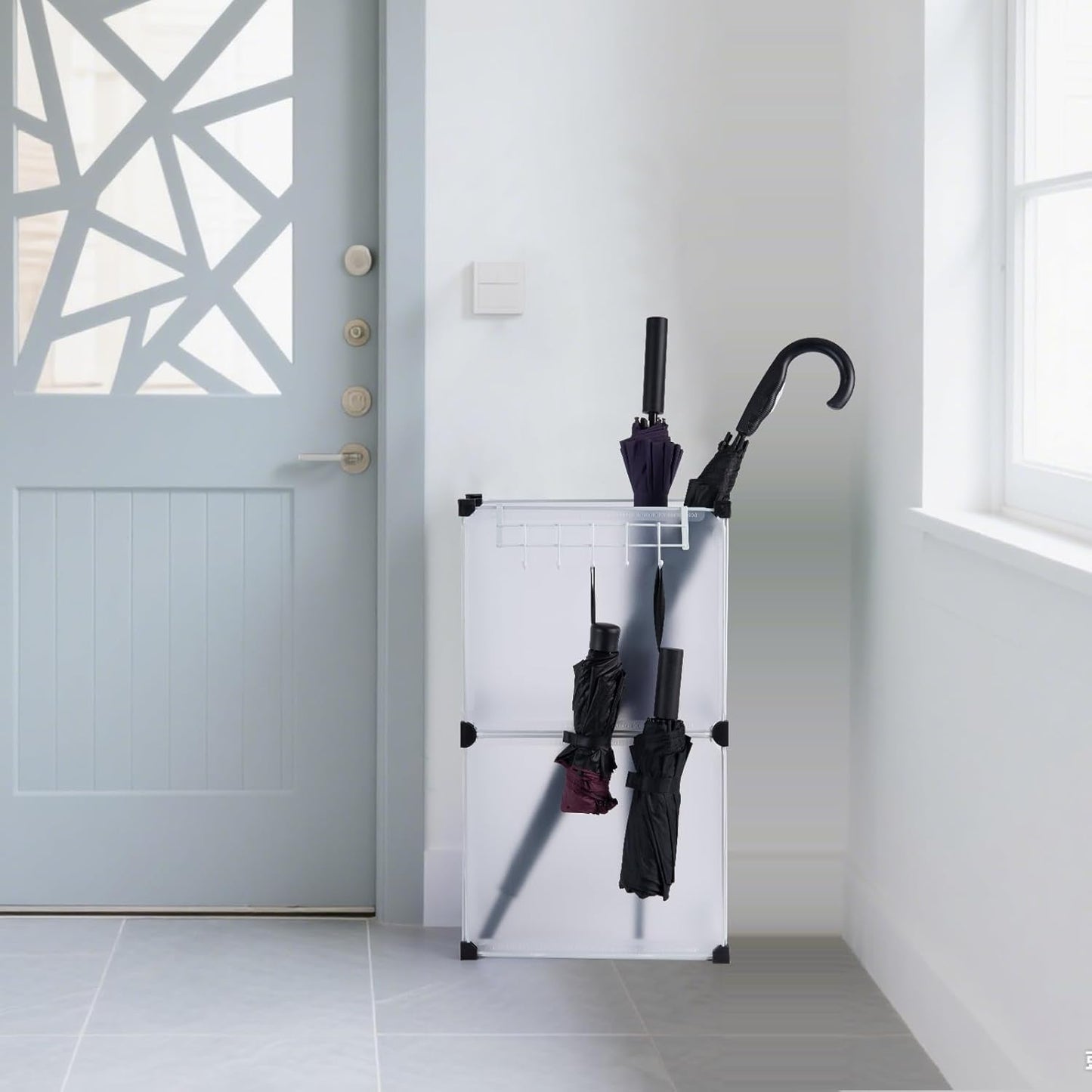 Umbrella Stand, Umbrella Holder for Entryway, 14.3 * 7.4 * 24.4inches,Square umbrella storage rack with built-in drip tray and metal hook,White.