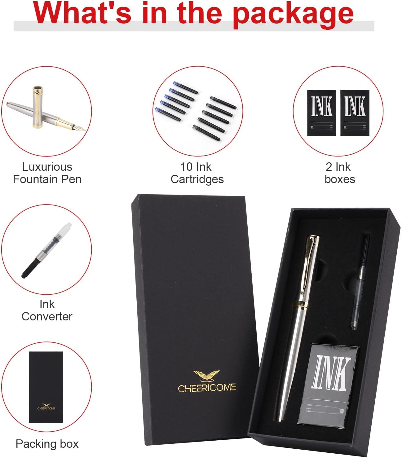 Cheericome Fountain Pen - Luxury Fountain pen set for Men & Women - Ink Pen for Smooth Writing - Fountain Pen Fine Nib，Includes 10 Ink Cartridges and Ink Refill Converter - Silver