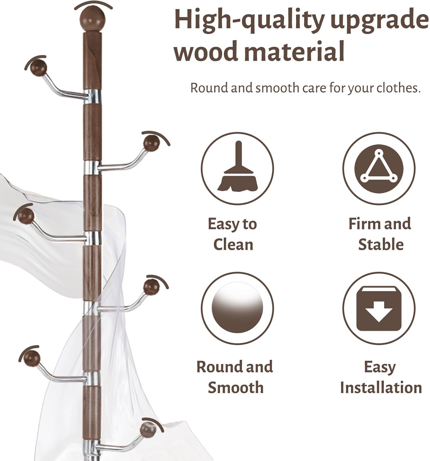 Coat Rack Freestanding, Metal Wooden Coat Tree with 6 Hooks, Heavy Duty Coat Hanger Stand with Resin and Stainless Steel Base, Free Standing Hall Tree for Scarf, Bag, Jacket (Walnut metal)