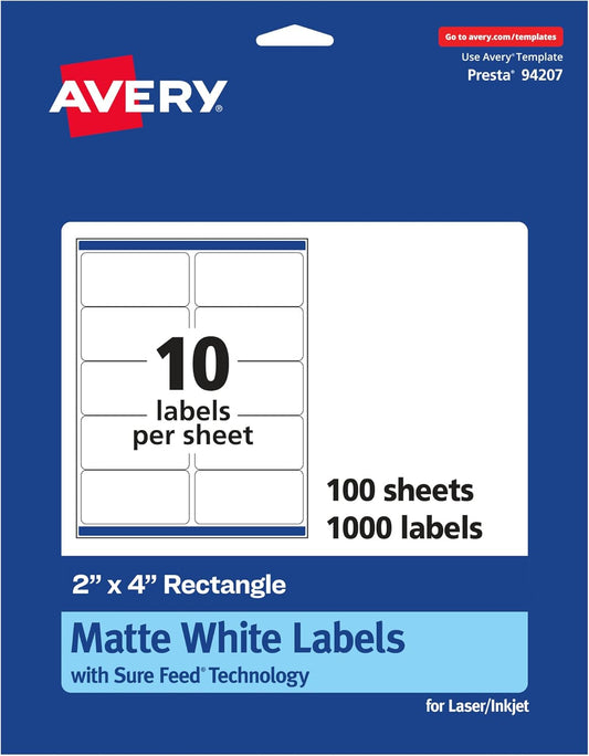 Avery Matte White Rectangle Labels, Sure Feed Technology, 2" x 4", 1,000 Matte White Printable Labels