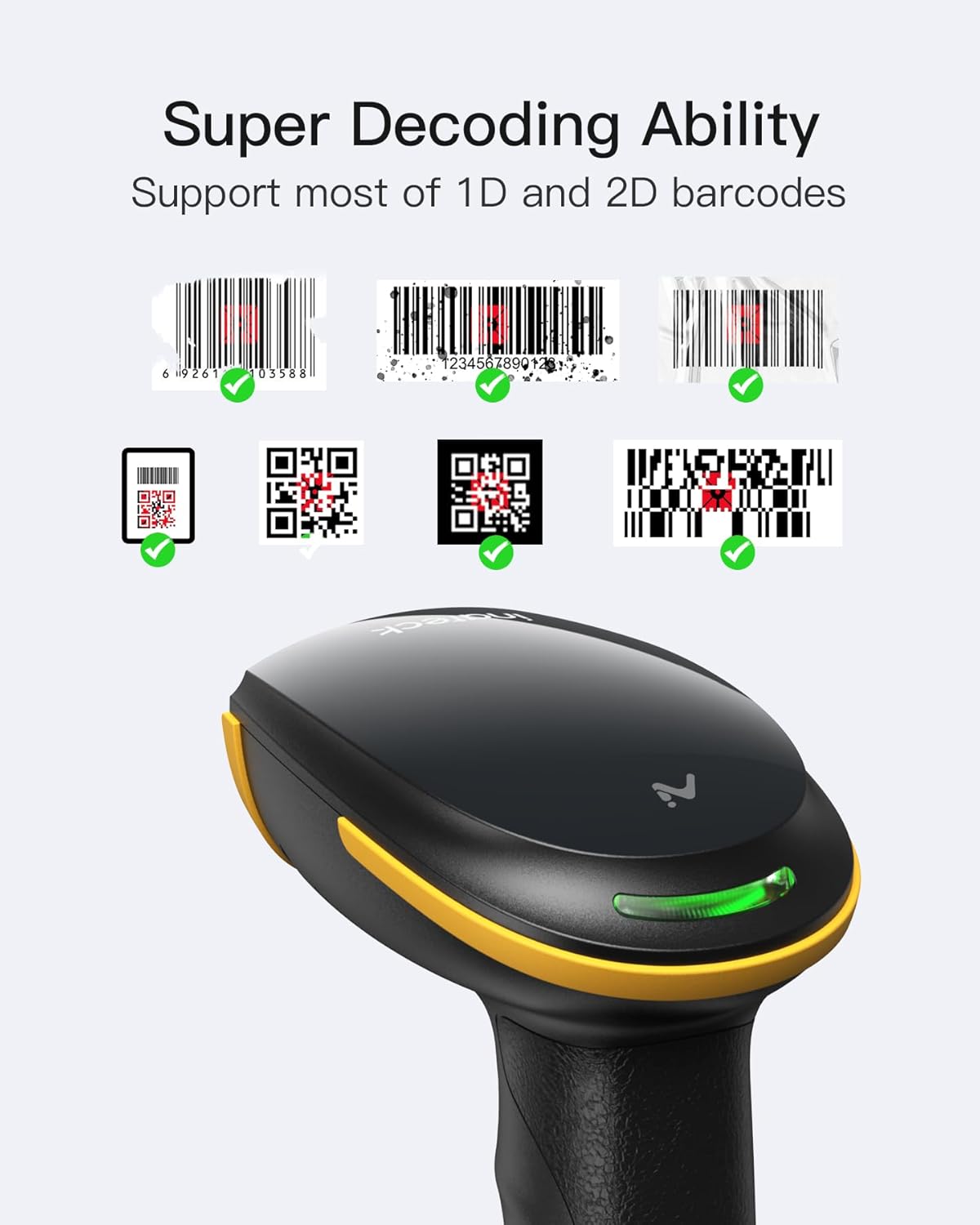 Inateck Bluetooth Barcode Scanner 2D, Wireless 2D QR Code Scanner with 2600 mAh Battery and Smart Charging Base, Handheld Scanner Support AI, APP, SDK, BCST-36