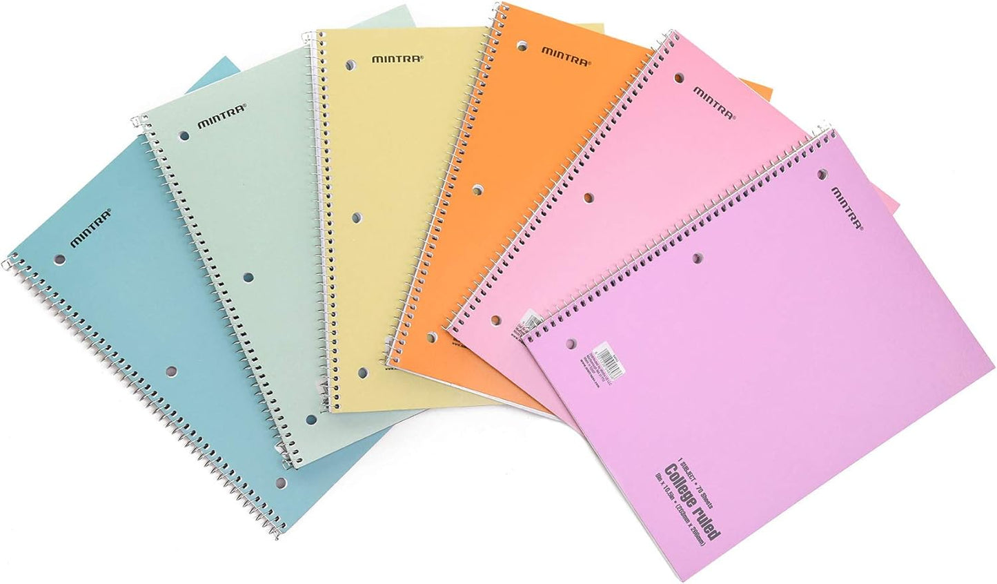 Mintra Office Spiral Notebooks - 1 Subject, 70 Sheets, College Ruled, 8in x 10in, Bulk Pack, Pastel Covers, Set of 6 - for School, Office, Business, Professional (04693)
