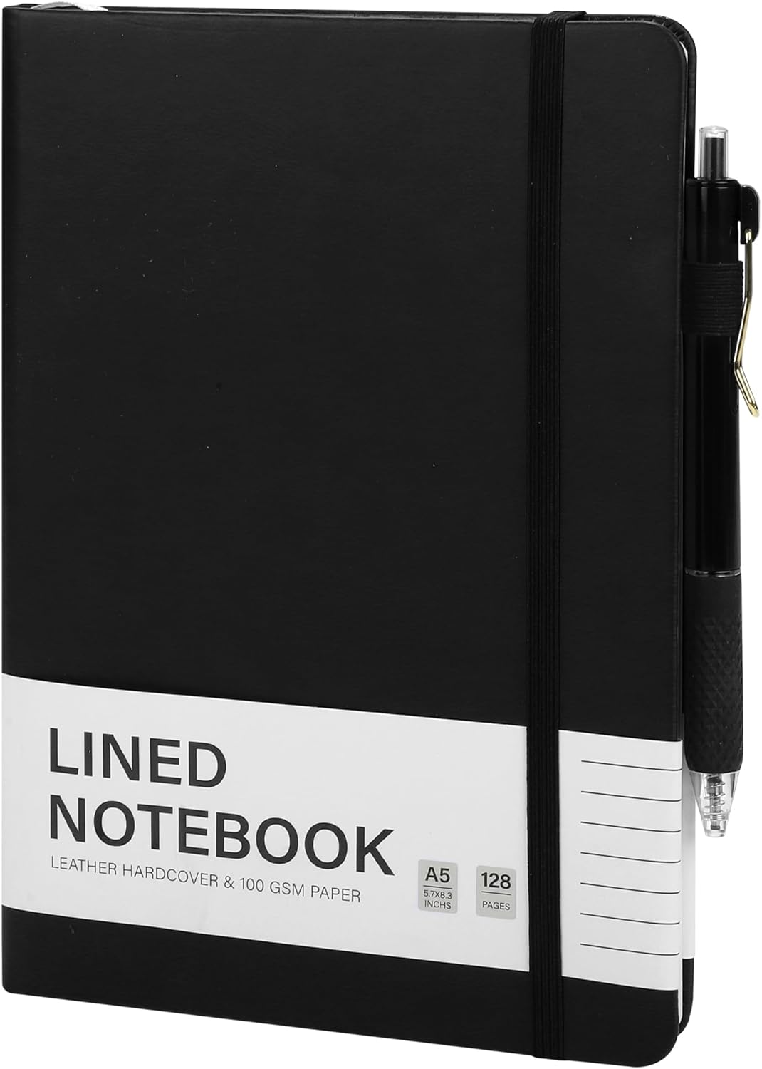 Aodaer Lined Notebook Journal with Pen A5 Notebooks 100 GSM College Ruled Hardcover Notebook PU Leather Notepad with Pen Holder for Office School, 5.7 x 8.3 Inches, Black