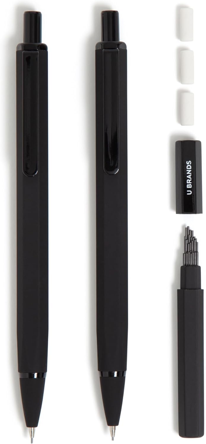 U Brands Cambria Mechanical Pencils, Set of 2, Midnight Black, Soft Touch, Medium (0.7 mm) Point, Lead and Eraser Refills