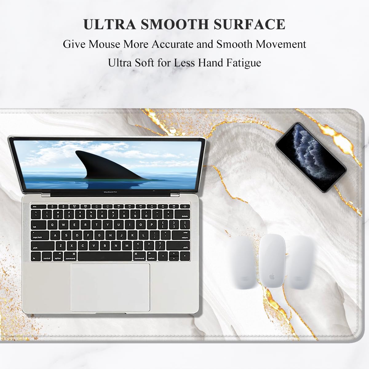 Auhoahsil Large Mouse Pad, XXL Gaming Mousepad, Desk Mat for Desktop, Thick Rubber, Big & Long Size, Stitched Edges, Full Desk Pad for Laptop & Computer, Extended 35.4 x 15.7 in, Gold Gray Marble