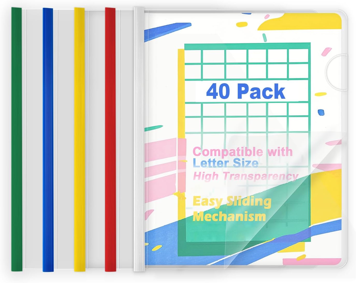 TOTiyea 40 Pack Clear Report Covers with Sliding Bars, 9mm (70 Sheet Capacity) Colorful Sliding Bar File Folders, for Letter Size
