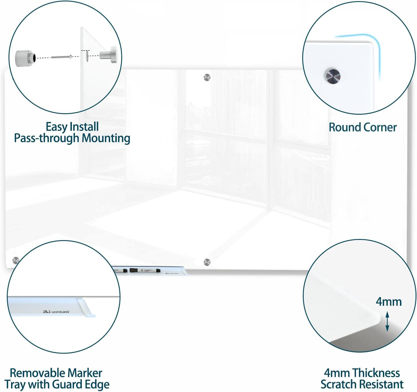 J&J worldwide Magnetic Glass Whiteboard Brilliance White Dry Erase Board 6' x 3', Large Frameless Glass White Boards for Walls, Includes Magnets, Marker Tray, Eraser for Office, Home, School
