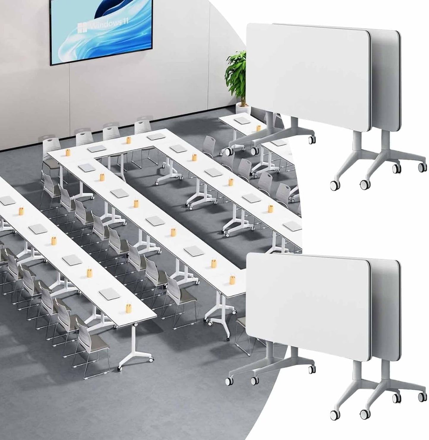 Folding Conference Room Table, Modern Mobile Training Table with Wheels, White Foldable Seminar Meeting Tables for Office Corporations (4pack 47.2in)