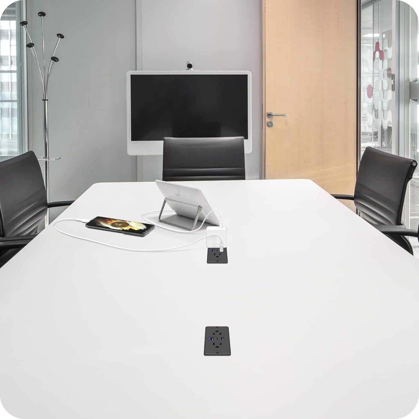 HHSOET 5 in 1 Recessed Power Strip Flat Plug, 65W Fast Charging Furniture Outlet with USB, Conference Recessed Socket with 2 AC Plugs, 2 USB Ports 1 USB-C, 10ft Power Cord. (Black)