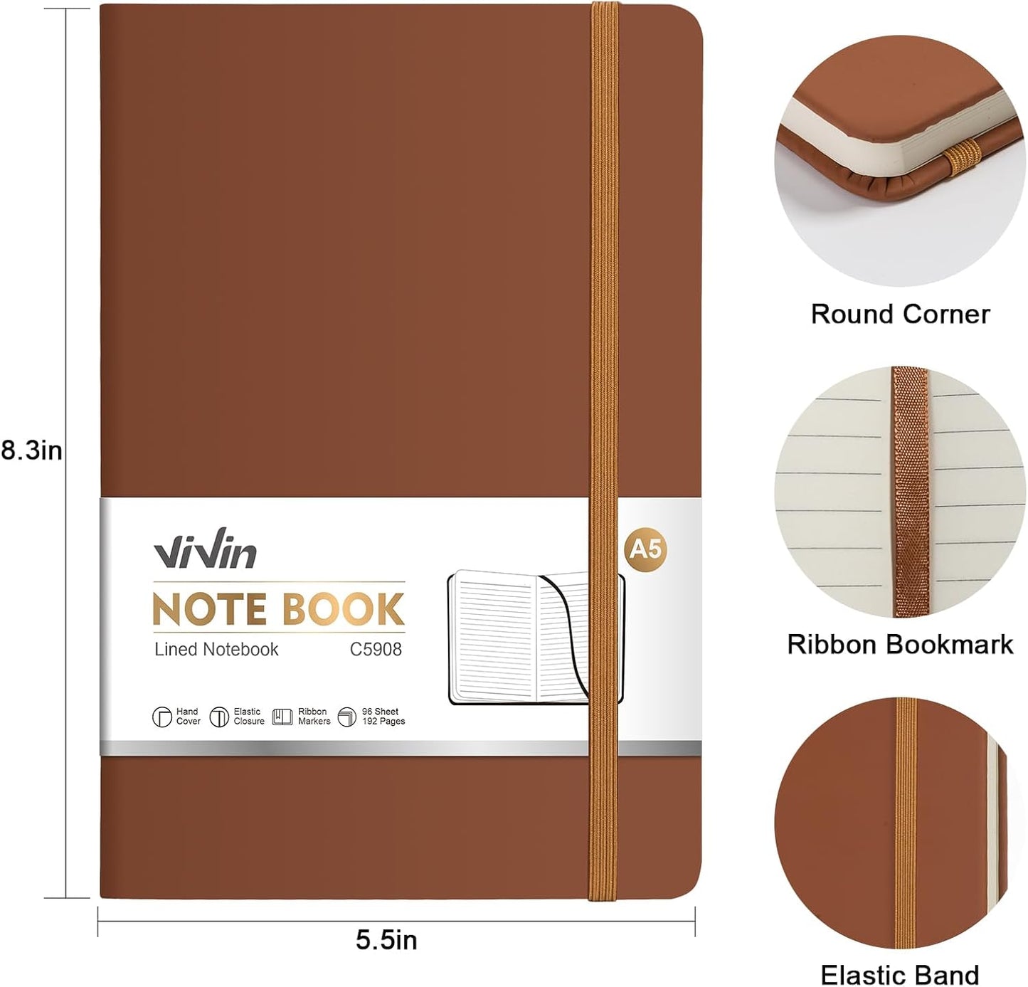 ViVin Lined Journal Notebooks, 3 Pack, (Black, Navy, Brown), 192 Pages, Medium 5.5 x 8.3 inch, College Ruled, A5 Hardcover Notebooks, Journaling Notebooks for Work, Writing, School