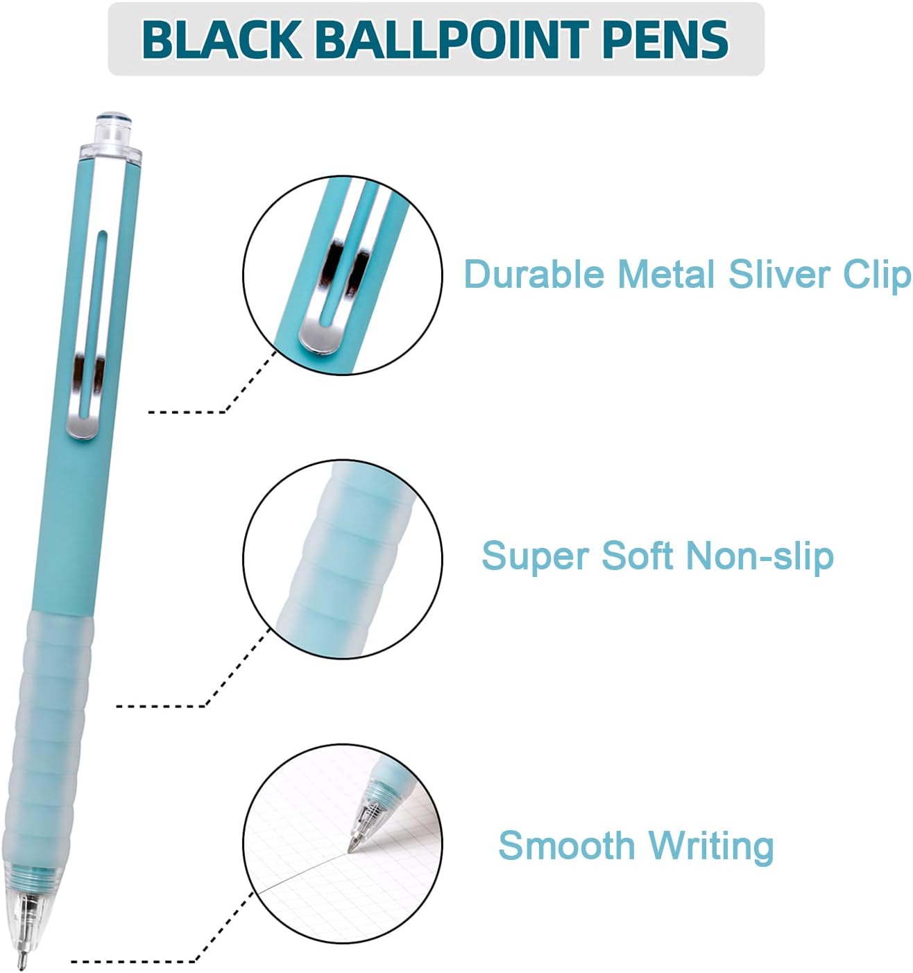 Linbsunne Ballpoint Pens Medium Point 1mm Black Ink Work Pen with Super Soft Grip Ball Point Pen for Men Women Retractable Office Pens (Silver Clip-6 count)