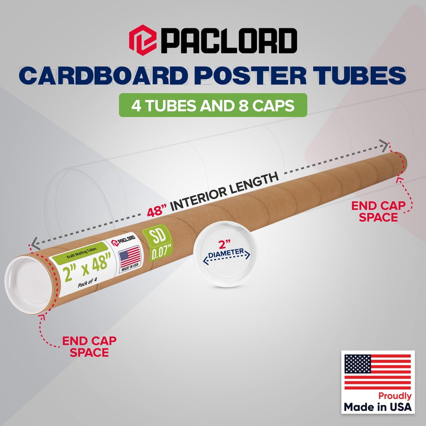 2" x 48" Reinforced Kraft Paper Mailing Tube, Pack of 4 Tubes with 8 Caps – Secure USPS Approved Poster Tube – Cardboard Tube for Shipping and Storing Posters, Prints, Artwork, or Documents