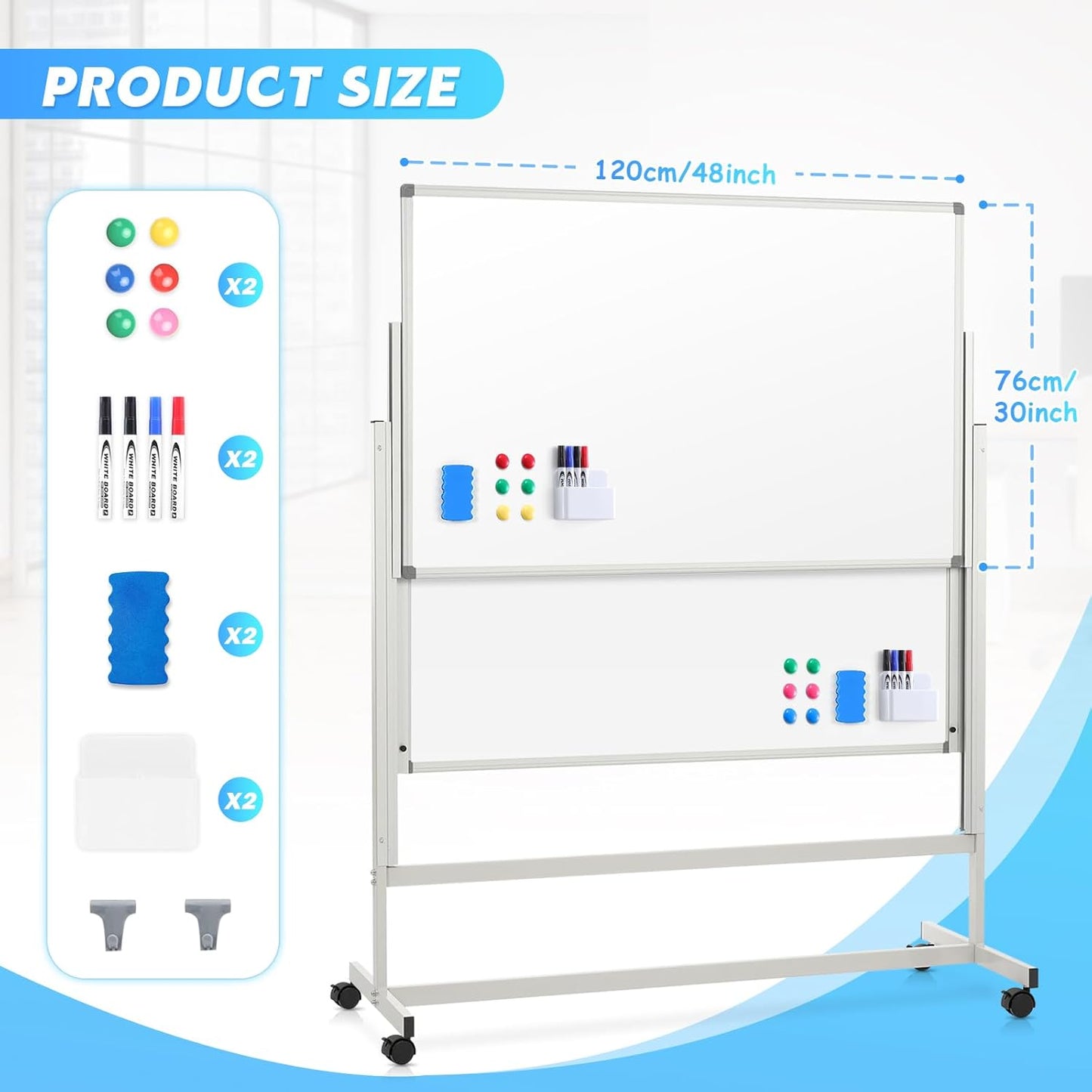 MAKELLO Rolling Whiteboard on Wheels 60x48 in, Large Dry Erase Board with Stand, Double Sided Magnetic White Board for Office School Home, Height Adjustable, Aluminum Frame, 5'x4'