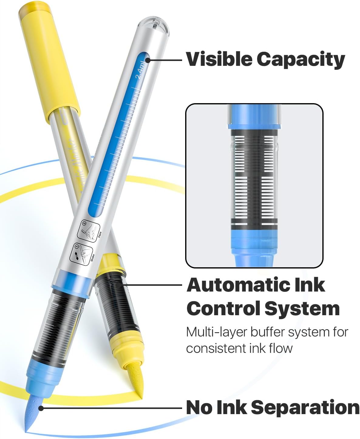 JusArt Acrylic Paint Markers Brush Tip 24 Colors for School Art, Water-Based No-Bleed Markers with Automatic Ink Control, Waterproof Acrylic Paint Pens for Rock, Egg, Wood, Fabric, Glass, DIY Crafts