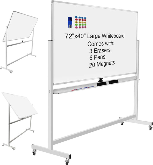 Mobile Whiteboard 72"x40" Magnetic Dry Erase White Boards on Wheels Double-Sided Large Whiteboard with Rolling Stand for Classrooms, Offices and Home