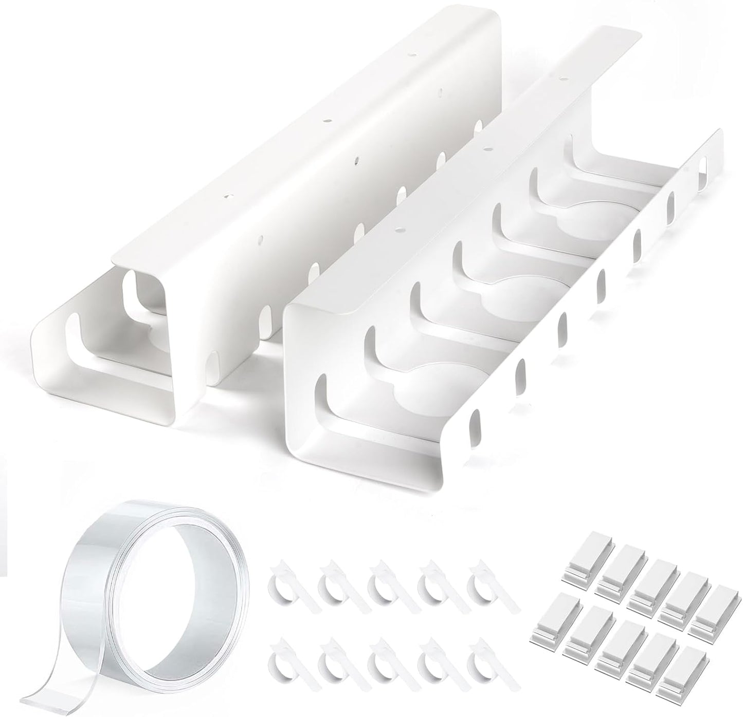 2 Pack Under Desk Cable Management Tray, 17" Wire Organizer for Power Strip, No Drill or Screw Mount, Easy Install Cord Raceway for Desk & Home, White