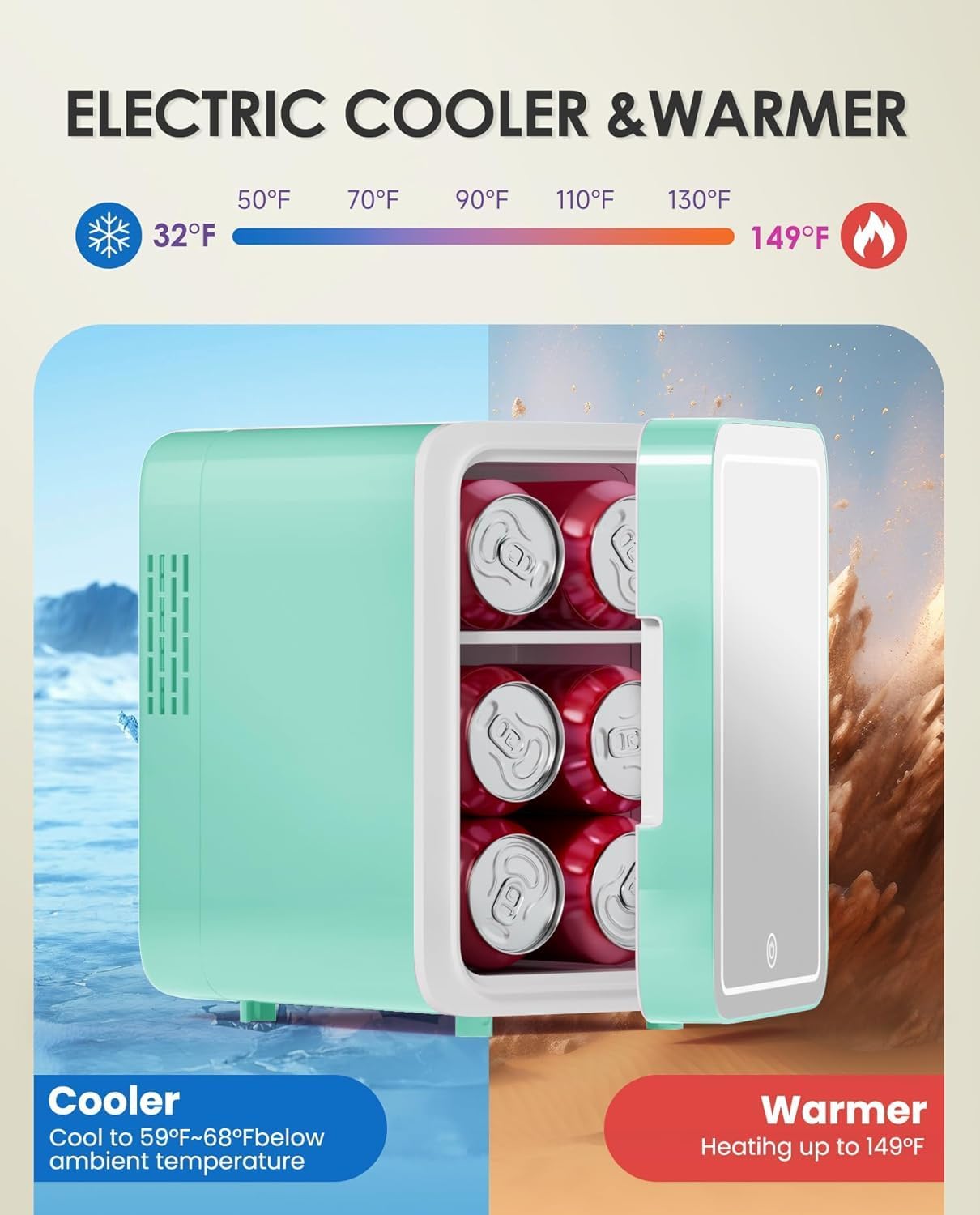 Skincare Fridge With Dimmable LED Light Mirror, 4L Mini Fridge For Desktop, Travel or Cool & Heat, Makeup Fridge for Cosmetics, Skin Care and Food, Green