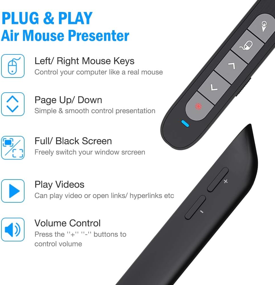 DinoFire Wireless Presenter Remote with Air Mouse, RF 2.4GZ USB Rechargeable Presentation Clicker and Pointer Powerpoint PPT Slide Clicker for Laptop/Computer/MAC