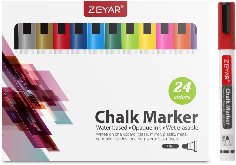 ZEYAR Liquid Chalk Marker-Wet Erase Marker, 24 Colors, 1.2mm Fine Tip for Detailed Drawing, Writes on Nonporous Chalkboards, Bistro Boards, Windows, Plastic and more (24 Colors)