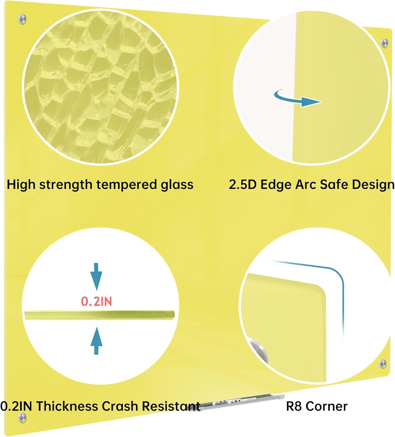 Magnetic Glass Dry Erase Board - White Board 48 x 36 Inch Wall Mounted Glass Whiteboard, Large Frameless Glass White Board for Wall Office, Home & School, Yellow