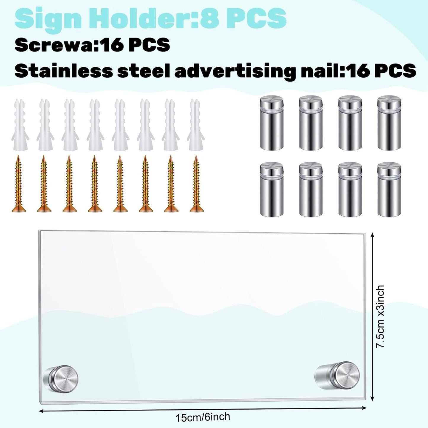 Demissle 8 Sets Clear Acrylic Wall Name Plate Holders Office Door Mount Name Plate Holder with Stainless Steel Standoff Screws for Office Home Store Restaurant (6 x 3 Inch)