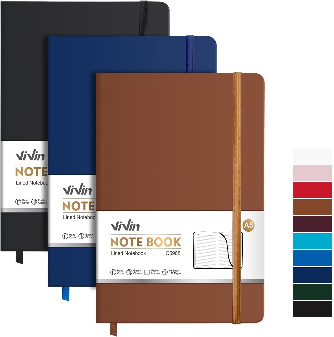 ViVin Lined Journal Notebooks, 3 Pack, (Black, Navy, Brown), 192 Pages, Medium 5.5 x 8.3 inch, College Ruled, A5 Hardcover Notebooks, Journaling Notebooks for Work, Writing, School