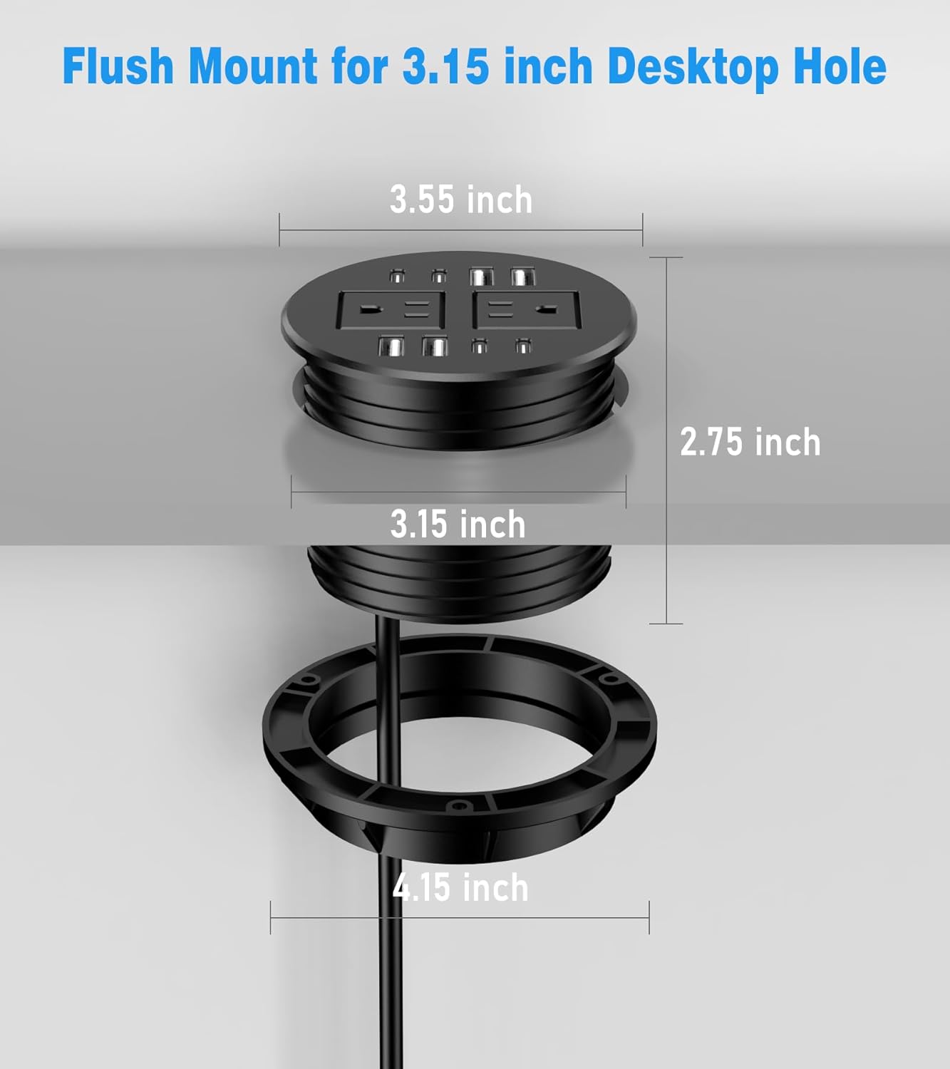40W Recessed Power Grommet Outlet, 3.15 inch Desk Grommet Power Outlet with 8 USB Ports for Conference Rooms, Office Tables, Furniture, 6FT Cord