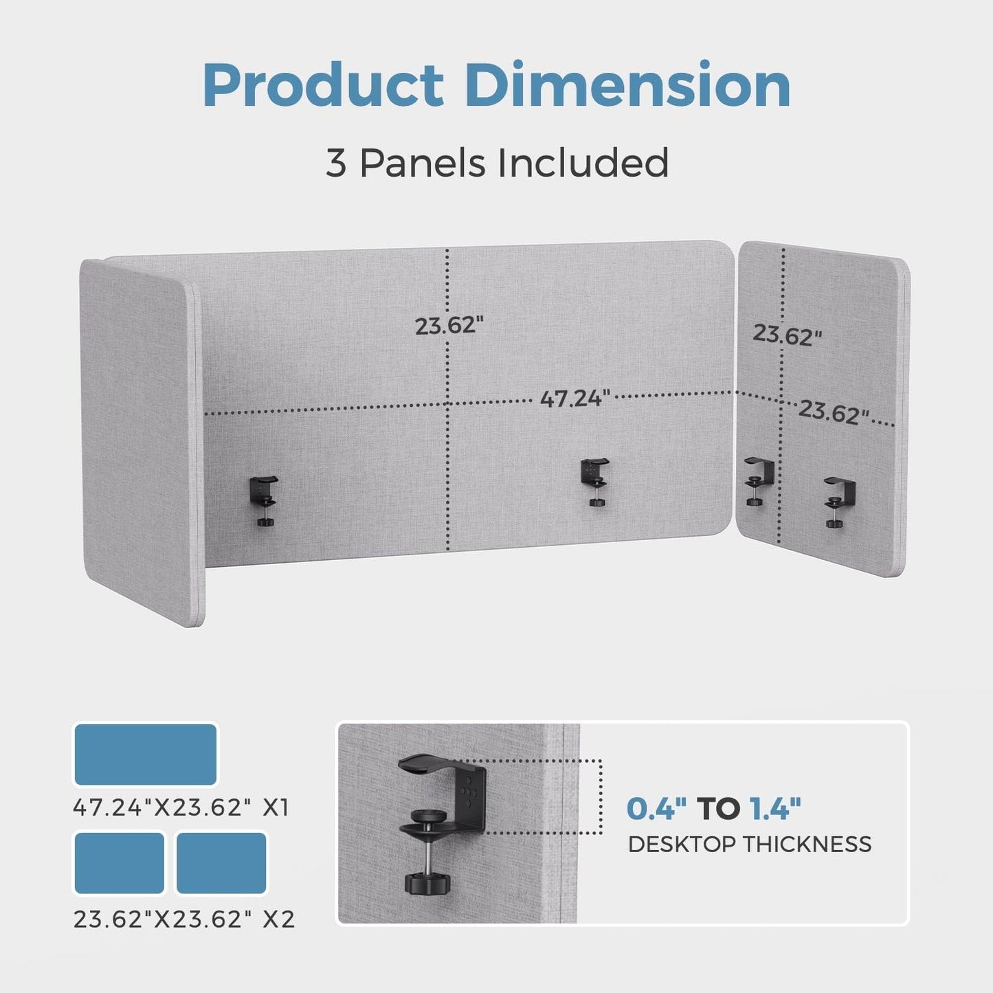 47.2 Inch Desk Divider Panels Set, Acoustic Divider Panel for Privacy, Fabric Wrapped Room Dividers for Office, Easy Assemble, Light Grey