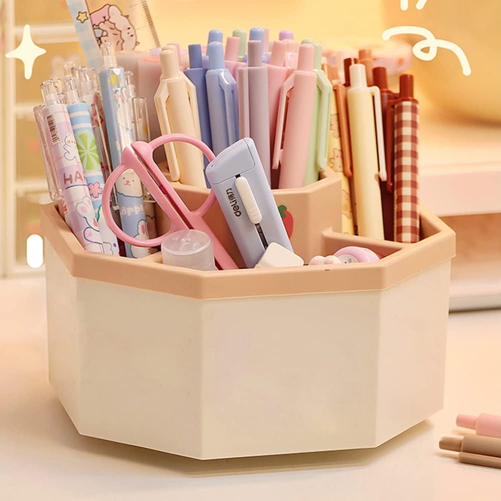 Desk Organizer, 360-Degree Rotating Multi-Functional Pen Holder, 5 Compartments Desktop Stationary Organizer, Home Office Art Supply Storage Box Caddy (White+Pink)
