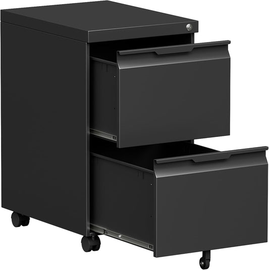 Bestoo 2 Drawer Metal Mobile File Cabinet, File Cabinet on Wheels with Lock for Letter/Legal/A4 File Under Desk, Metal Rolling File Cabinets for Home Office(Black)