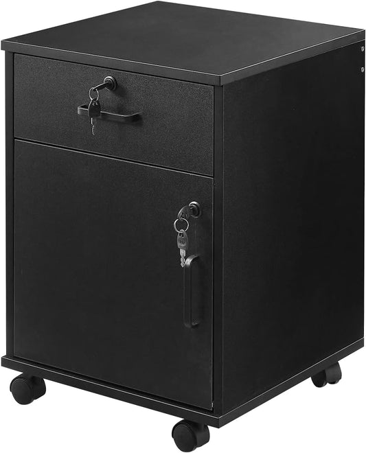 CLIPOP Rolling Storage Cabinet with Drawer, Home Office Cabinet with Lock, Under Desk Storage Cabinet for Home Office, Black