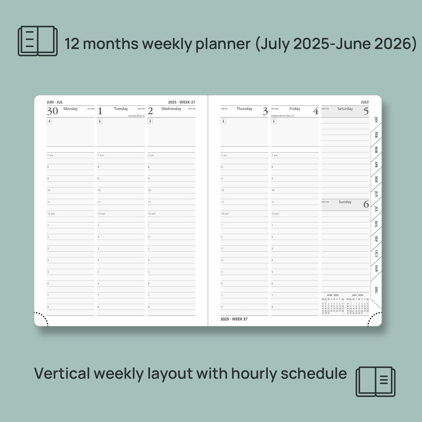 POPRUN Planner 2025-2026 (Medium - 6.5'' x 8.5'') Academic Weekly Calendar (July 2025 - June 2026) with Hourly Time Slots, Monthly Tabs, 100GSM Thick Papers, Leather Soft Cover - Pink