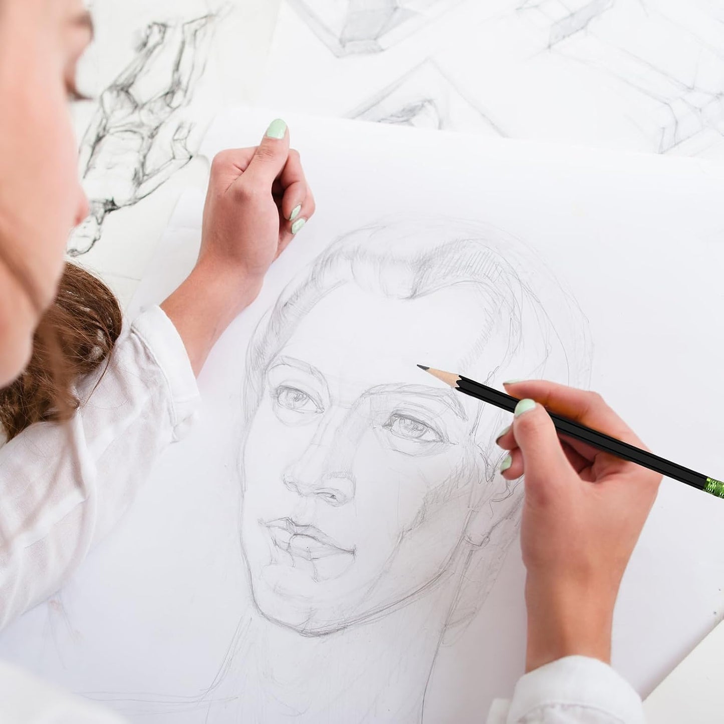 TecUnite 60 Pcs HB Pencils #2 Unsharpened Wood Cased Pencils with Eraser Hexagonal Pencil Cute Graphite No 2 Pen for Adults Gifts Exam School Office Sketching Learning(Black, Green)