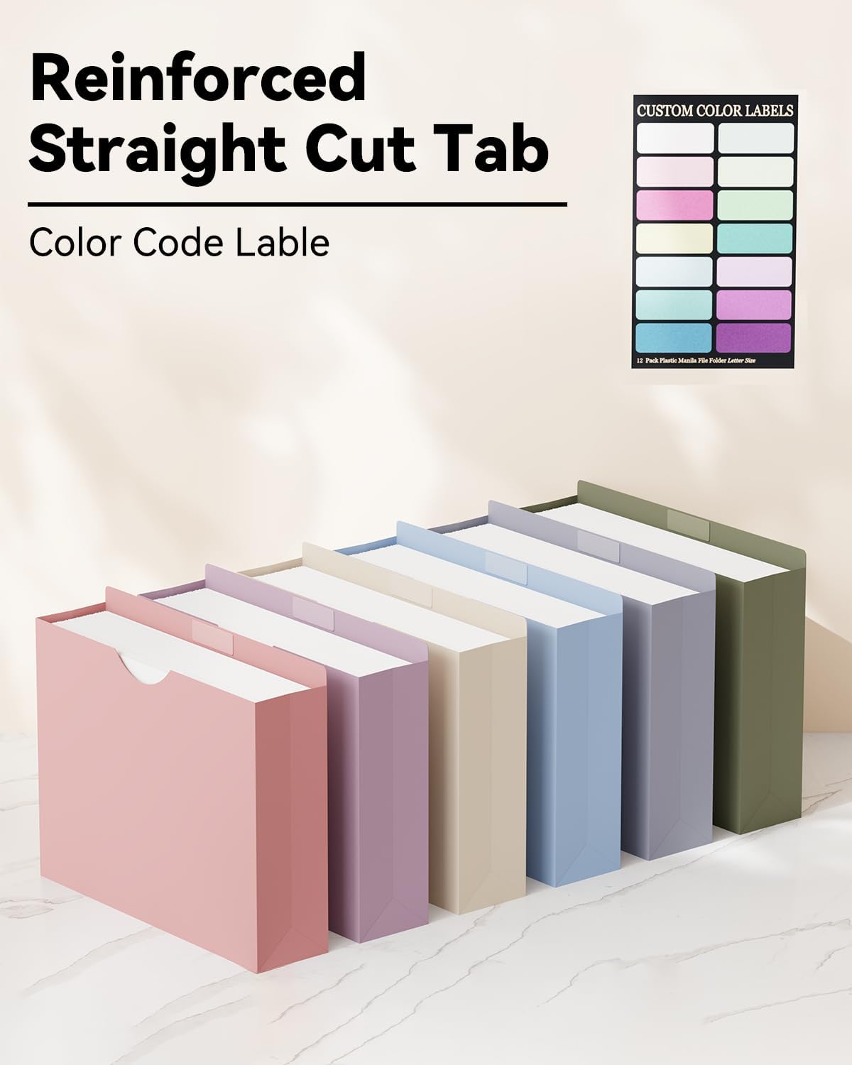 ANSOOK Plastic 3" File Jackets,Manilla Folders 8.5 x 11 Letter Size,12 Pack Expanding File Folder,Heavy Duty Expansion Pocket,Reinforced Straight Cut Tab,Morandi Color Manila Folders for Office Home