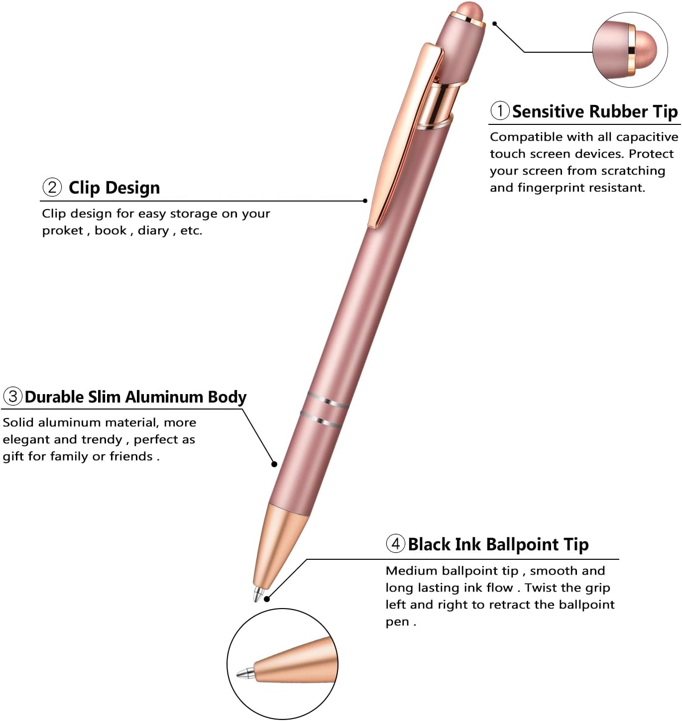 Aozora 9 Pack Ballpoint Pens Smooth Writing 2-in-1 Stylus Retractable Ballpoint Pen with Stylus tip, Office Decor Metal Stylus Pen for Touch Screens, 1.0 mm Black Ink (Rose Gold)