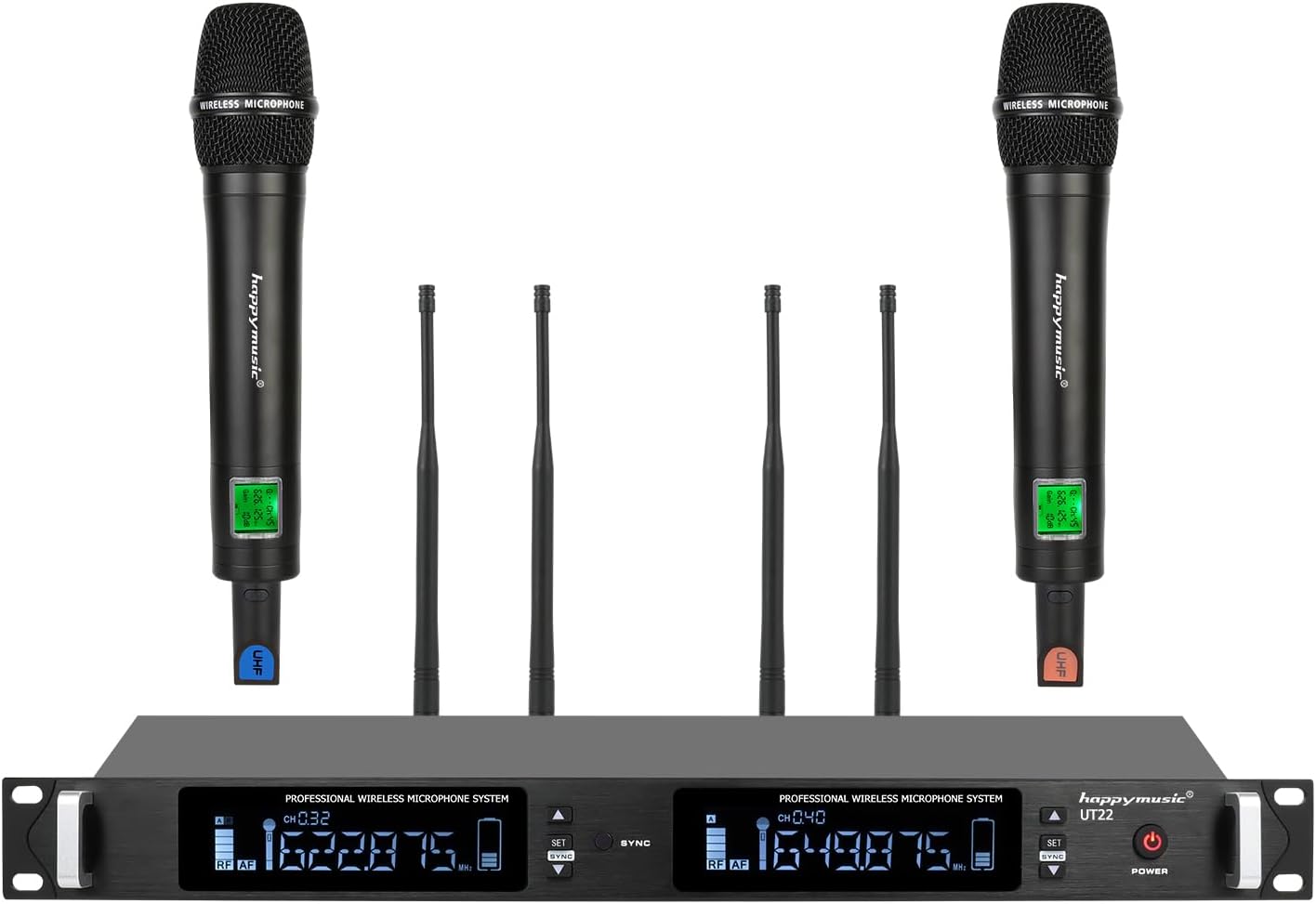 Professional UHF Wireless Microphone System, 2 Channel Metal Microphone Set of 2 Handheld Cordless Mics, Auto Scan,2*100 Frequenciens,Up to 350ft for Singing, Karaoke, Church, Wedding (UT22)