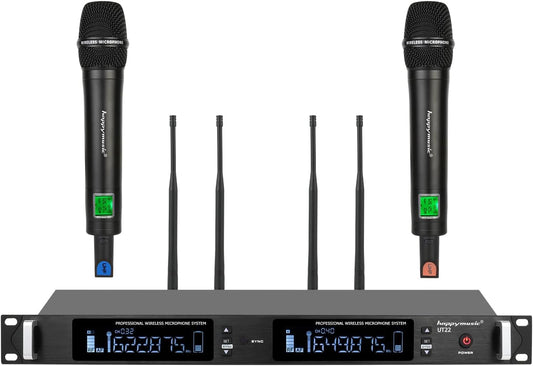 Professional UHF Wireless Microphone System, 2 Channel Metal Microphone Set of 2 Handheld Cordless Mics, Auto Scan,2*100 Frequenciens,Up to 350ft for Singing, Karaoke, Church, Wedding (UT22)