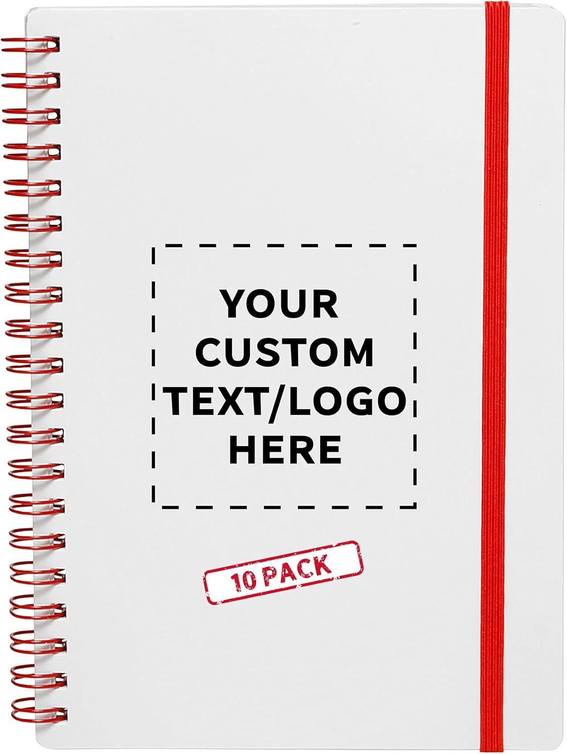 10 White Spiral Notebooks with Elastic Band Pack - Customizable Text, Logo - 80 lined pages, Recycled - Red