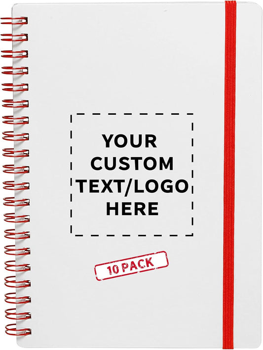 10 White Spiral Notebooks with Elastic Band Pack - Customizable Text, Logo - 80 lined pages, Recycled - Red