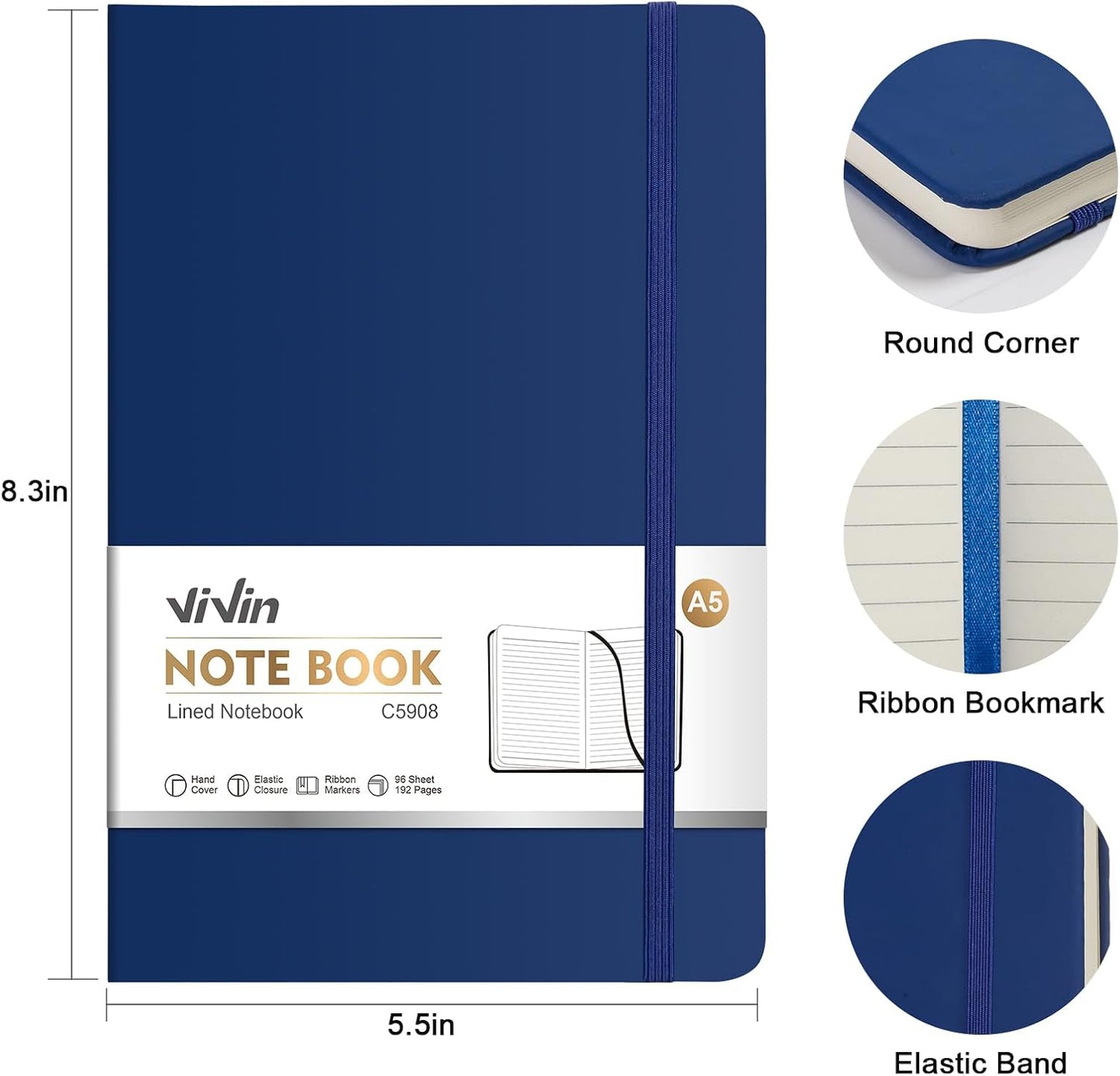 ViVin Lined Journal Notebooks, 3 Pack, (Navy), 192 Pages, Medium 5.5 x 8.3 inch, College Ruled, A5 Hardcover Notebooks, Journaling Notebooks for Writing, Business, School