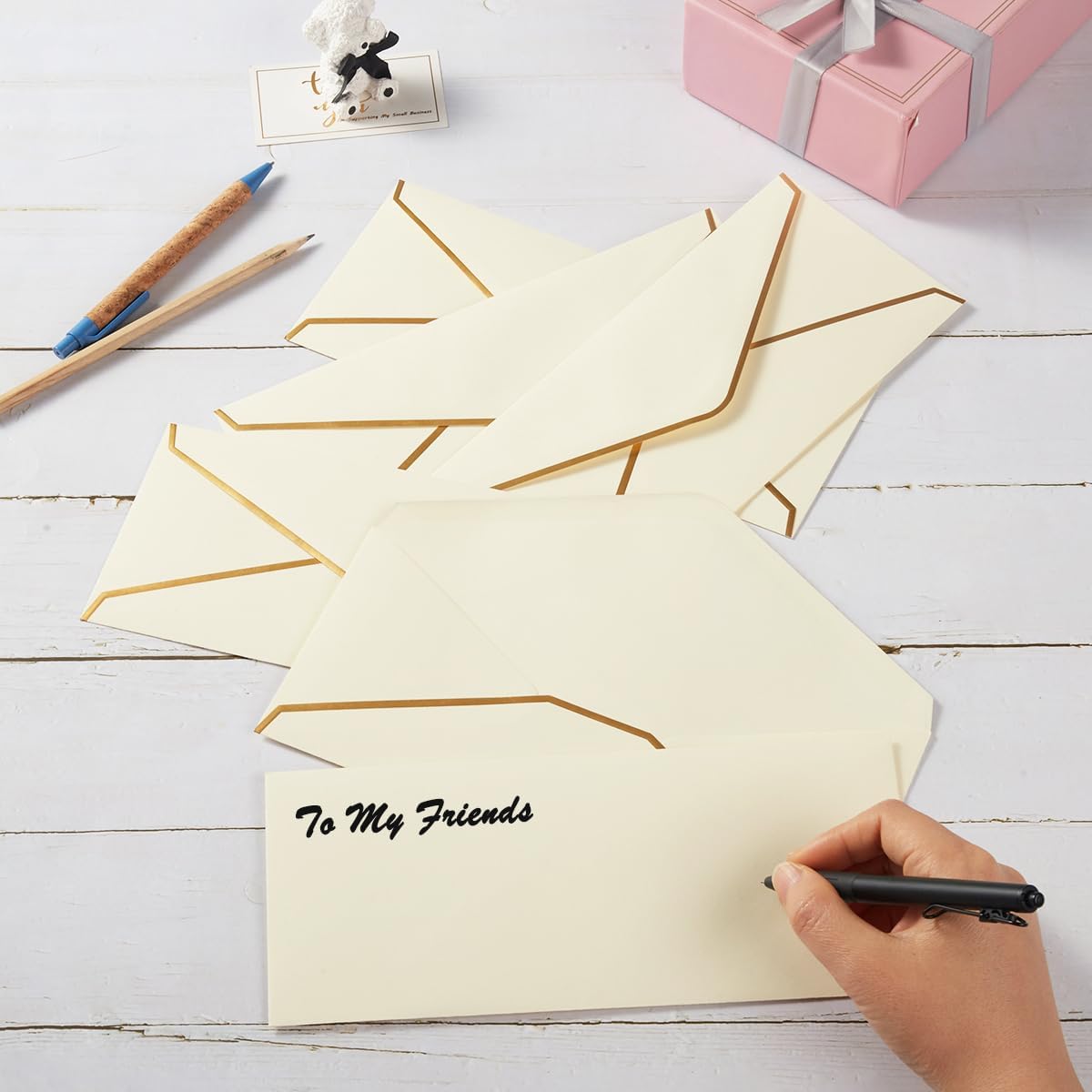 30 Pack Thick #10 Business Envelopes with Gold Border, 4 1/8 x 9 1/2 Thick Paper Standard Envelopes with Stickers for Office, Checks, Letter Mailing, Invoices (Cream Color)