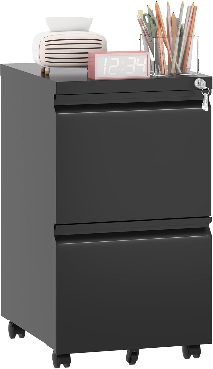 2 Drawer Mobile File Cabinet, Filing Cabinet Home Office for Letter, Legal Size, Fully Assembled Under Desk File Cabinet, Blac
