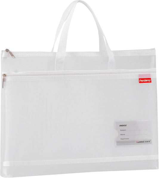 Pendancy Mesh Zipper Pouch A3 Size, Large Double Pocket Lightweight Nylon Transparent File Bag with Handle, 13x17 in Foldable Document Storage for Puzzle Project/Cross Stitch/Travel/Office (White)