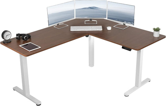 VIVO Electric Corner L-Shaped 63 x 55 in Standing Desk, Memory Height Adjustment, Dark Walnut Top White Frame, DESK-E3CTWD